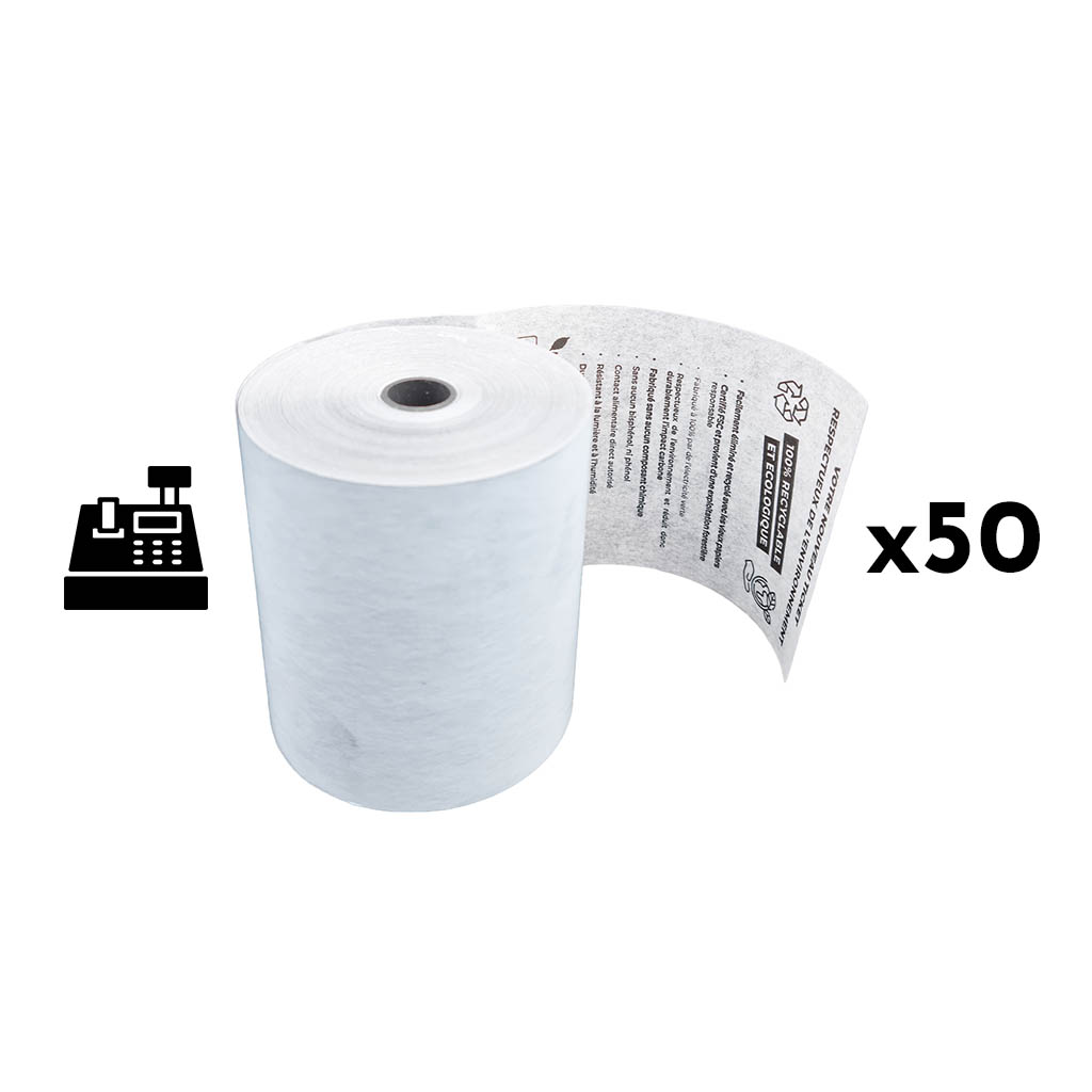 Papier thermique recyclable 50 rouleaux 80x80x12 - Tickets caisse