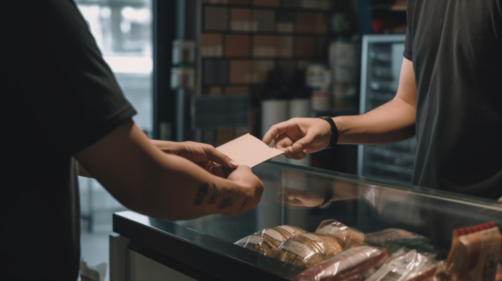 un commerçant qui donne un ticket de caisses